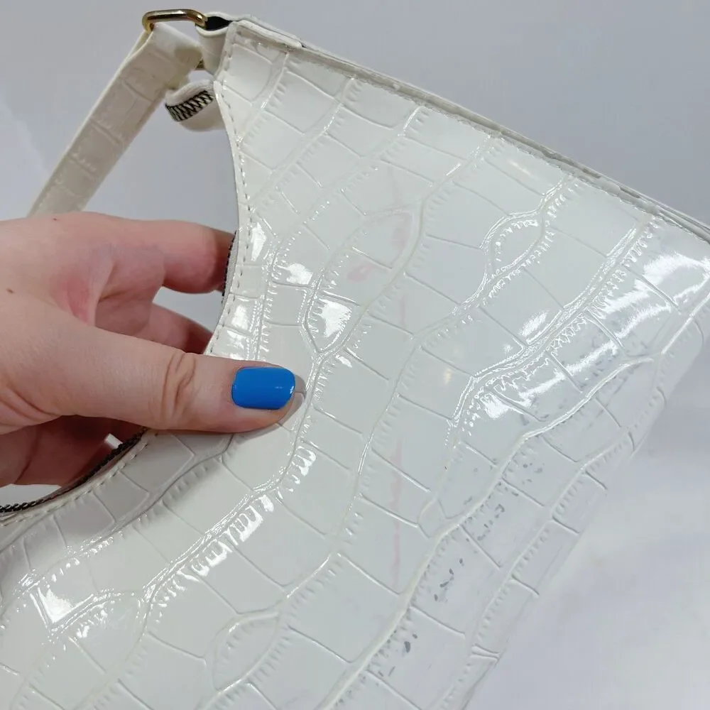 Shein White Faux Patent Leather Crocodile Embossed Shoulder Bag
